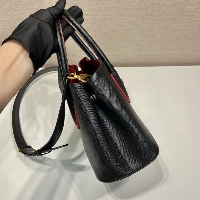 Prada original saffiano calfskin double small bag 1BG443 black&red