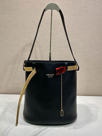 Prada original calfskin bucket bag with jeweled belt 1BE085 black
