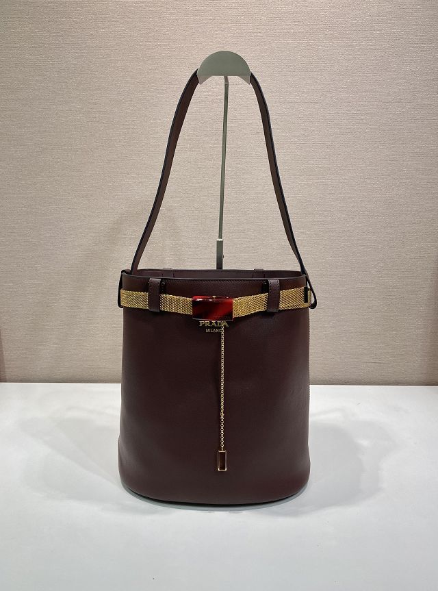 Prada original calfskin bucket bag with jeweled belt 1BE085 burgundy