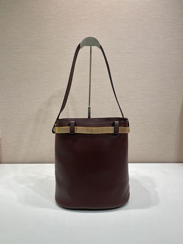 Prada original calfskin bucket bag with jeweled belt 1BE085 burgundy