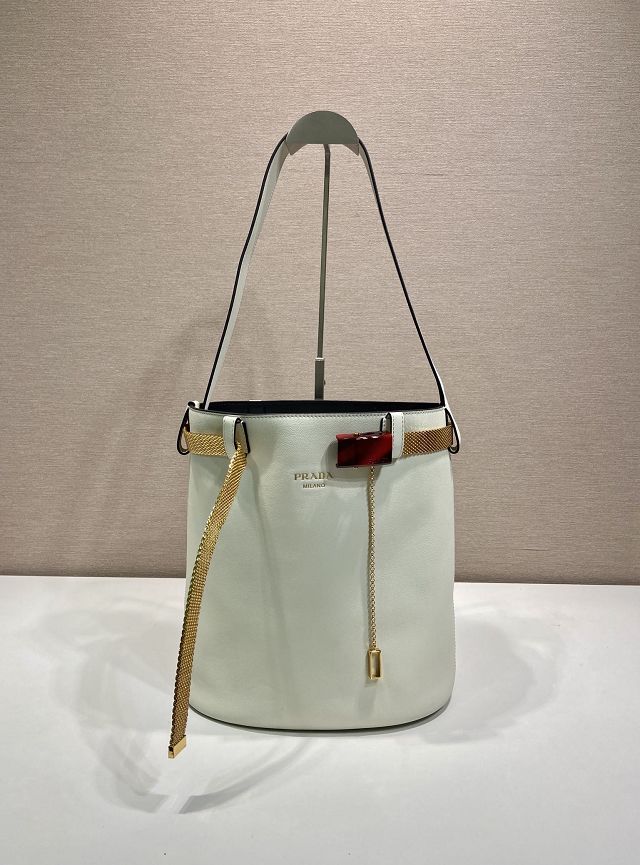 Prada original calfskin bucket bag with jeweled belt 1BE085 white