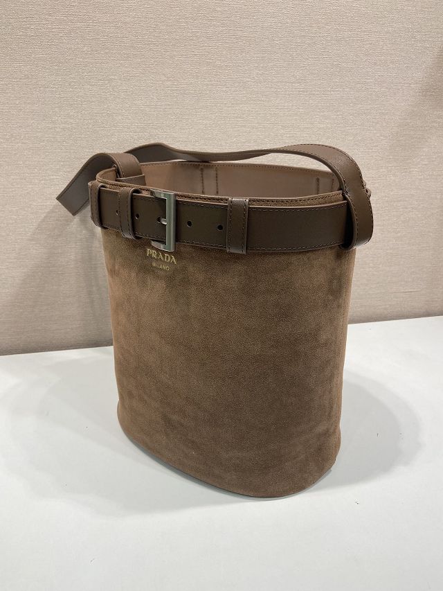 Prada original suede bucket bag with belt 1BE085 brown