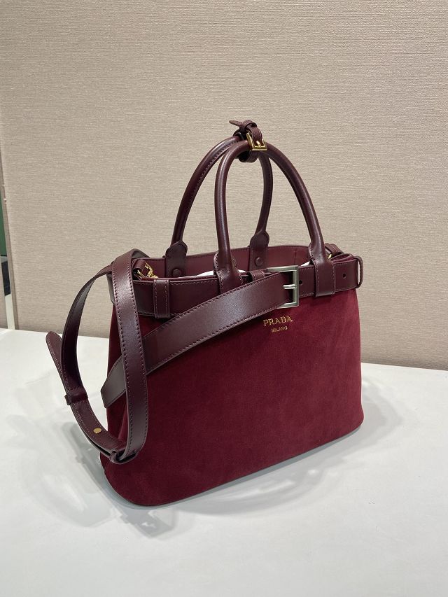 Prada original suede tote bag with belt 1BA434 bordeaux