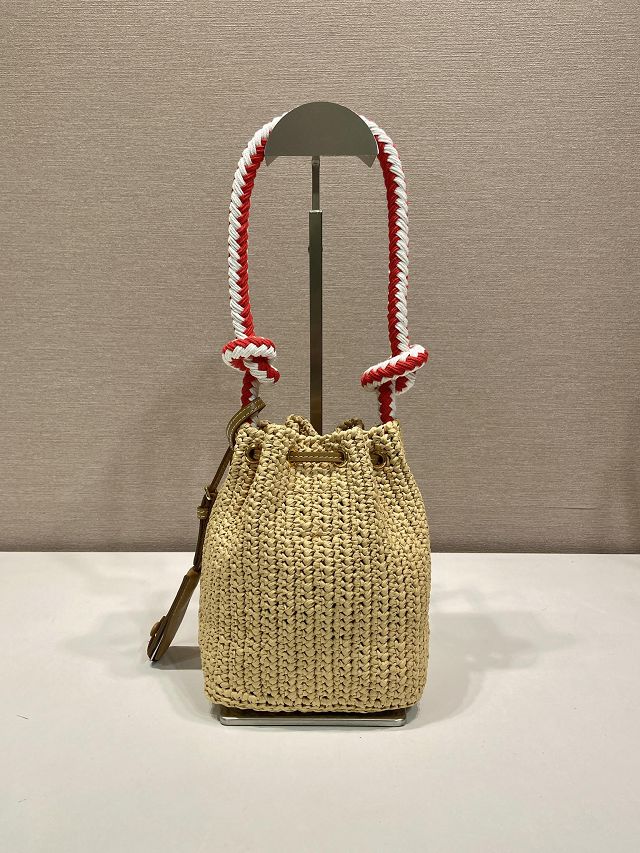 Prada original raffia mini crochet bucket bag 1BE068 beige
