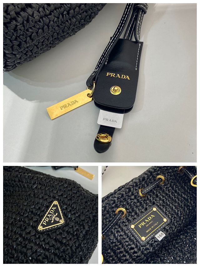 Prada original raffia mini crochet bucket bag 1BE068 black