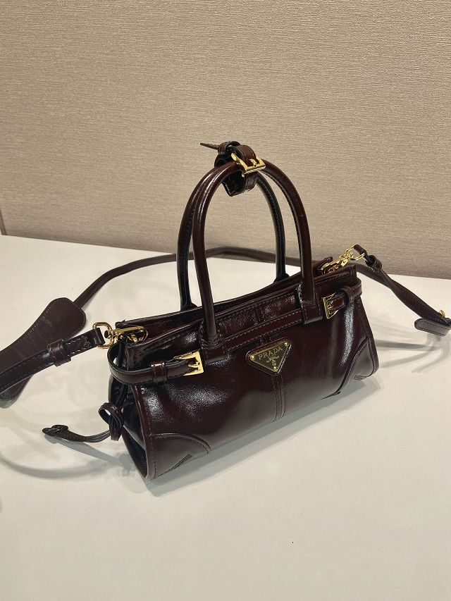 Prada original calfskin bonnie mini tote bag 1BA486 dark brown