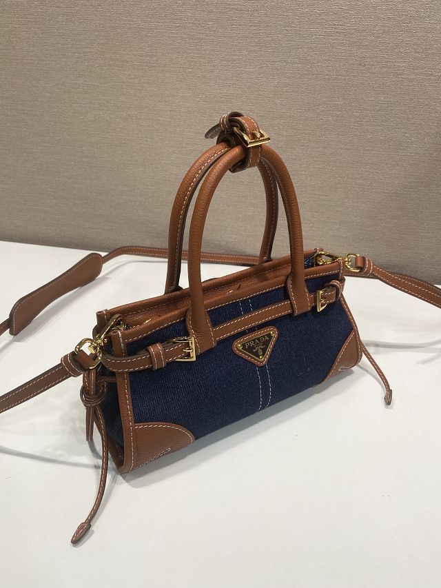 Prada original denim bonnie mini tote bag 1BA486 blue&brown