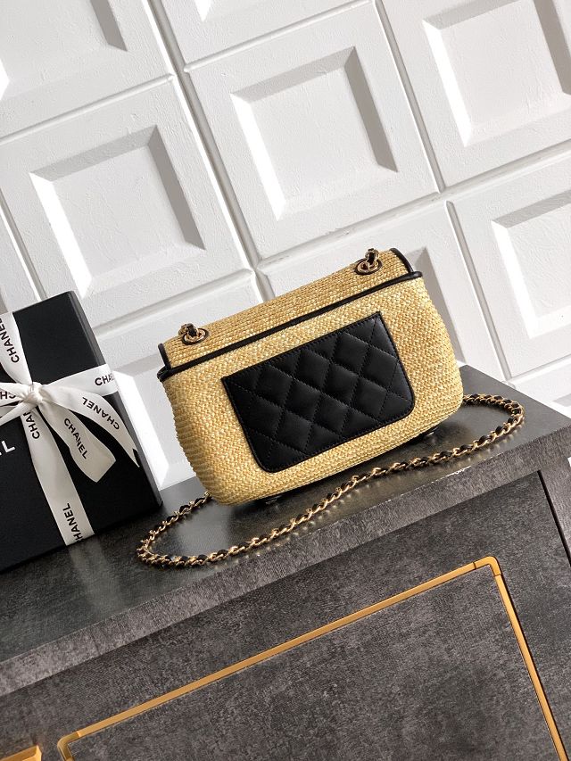 CC original straw small flap bag AS6017 beige&black