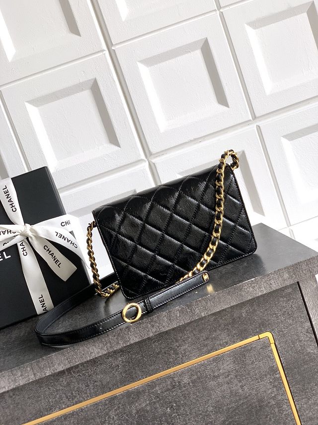 CC original shiny calfskin clutch with chain AS5618 black
