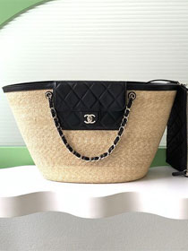 CC original straw large tote bag AS5952 beige&black