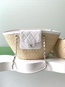 CC original straw small tote bag AS5951 beige&white