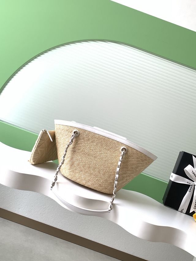 CC original straw small tote bag AS5951 beige&white