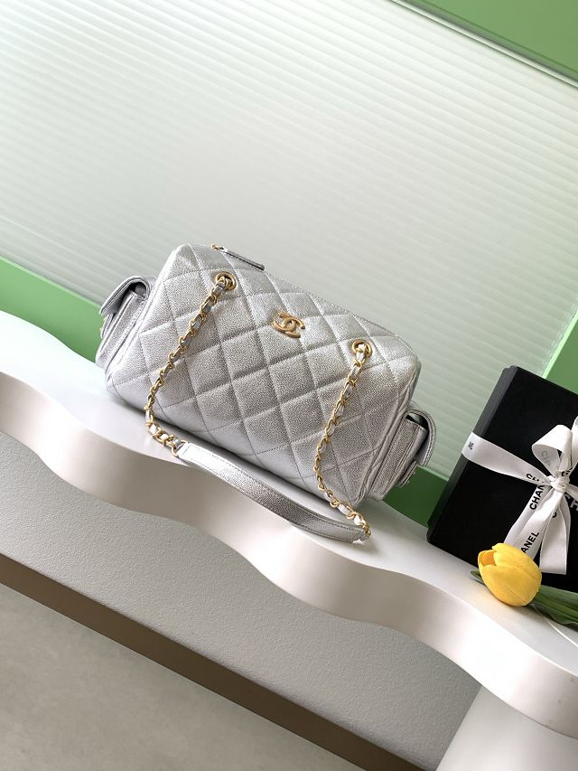 CC original grained calfskin medium bowling bag AS5792 silver