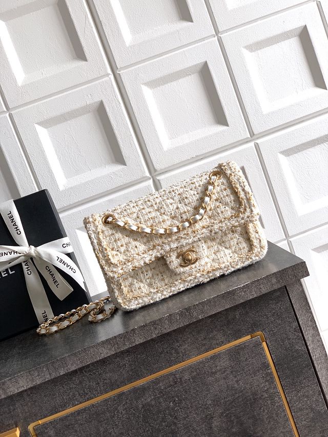 CC original tweed small flap bag A01113 white