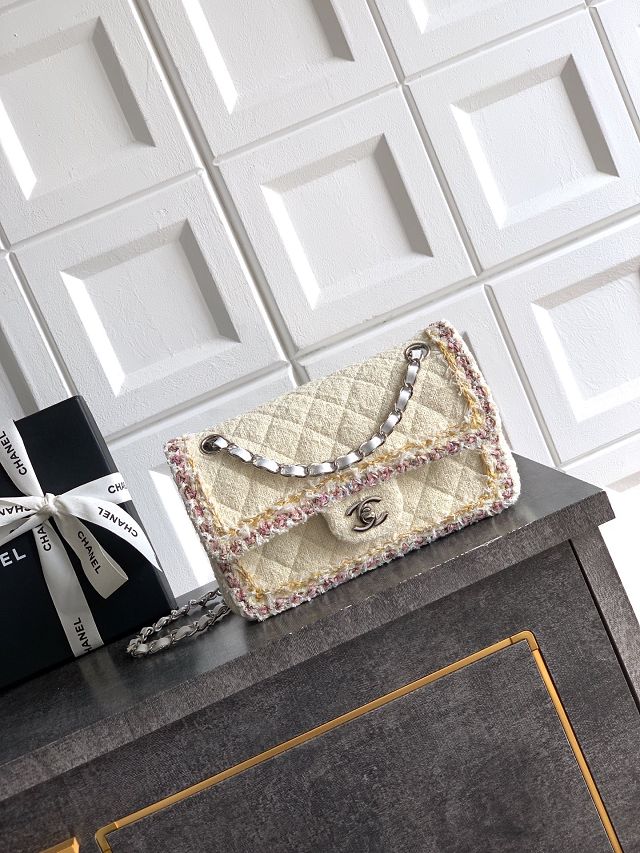 CC original tweed small flap bag A01113 white&pink