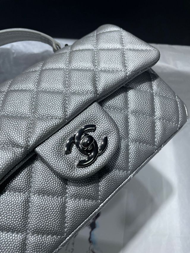 CC original grained calfskin top handle flap bag AS2431 silver