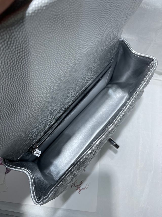 CC original grained calfskin top handle flap bag AS2431 silver