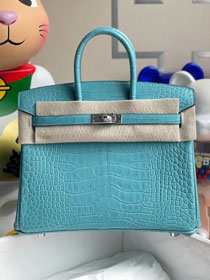 Hermes genuine crocodile leather birkin bag BK350 blue saint