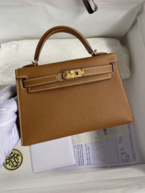 Hermes original epsom leather mini kelly 19 bag K0019 gold brown